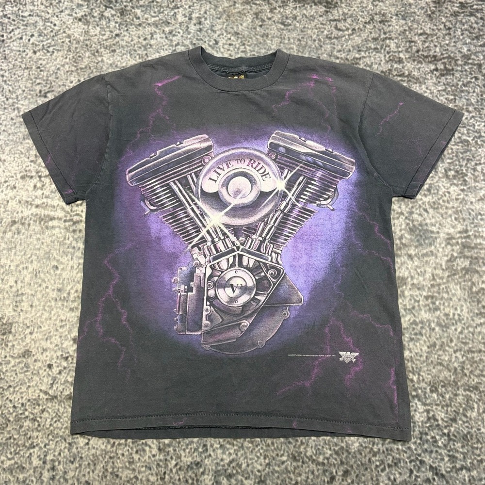VTG 3D Emblem Live To Ride T Shirt Large Black Faded Lighting Made In USA 90s